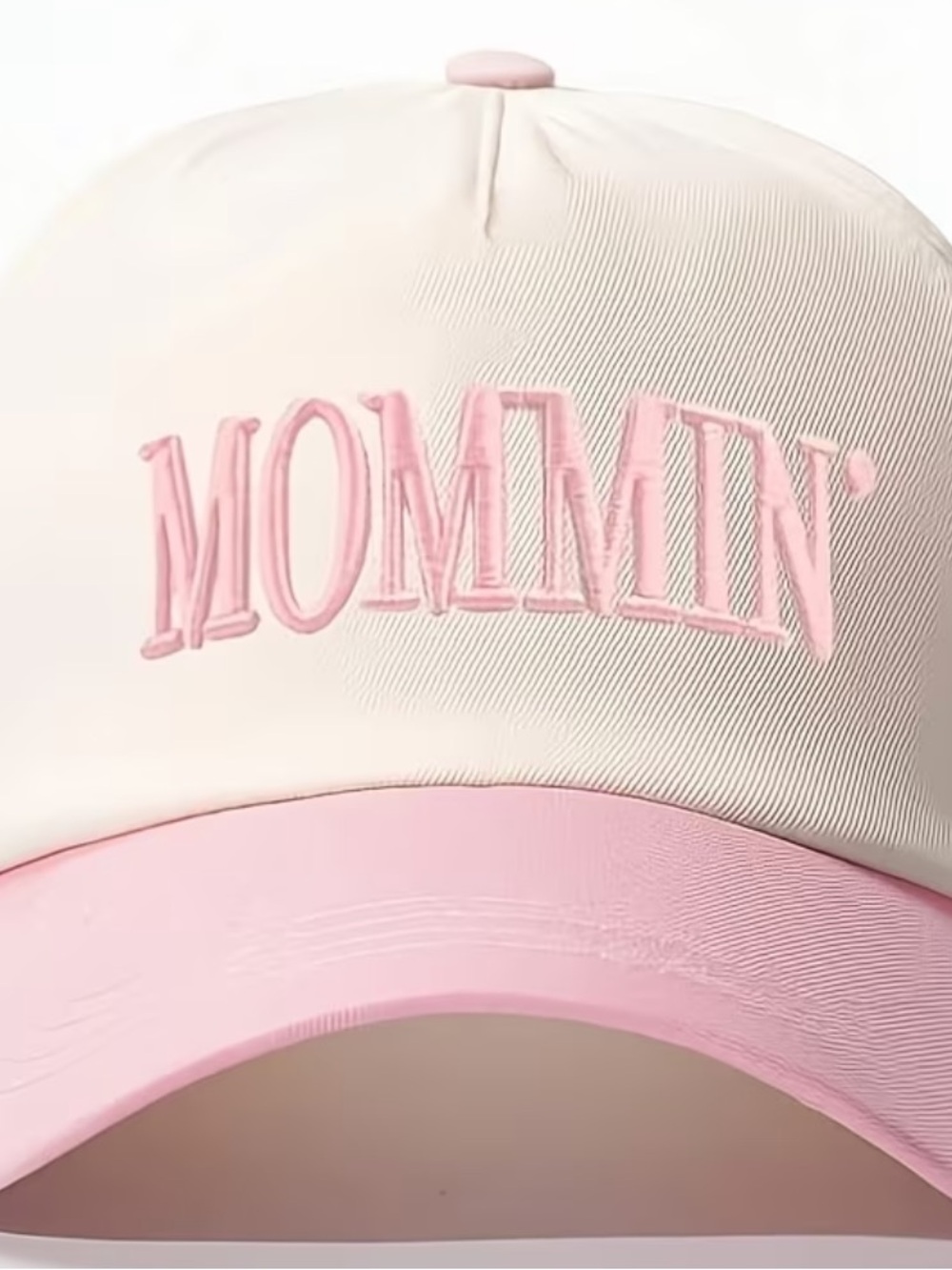 New Mommin' Embroidered Baseball Cap in Cream & Pink
